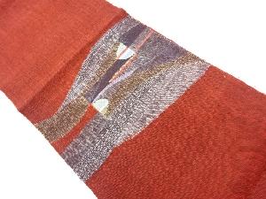 手織り紬　抽象横段模様織出し名古屋帯